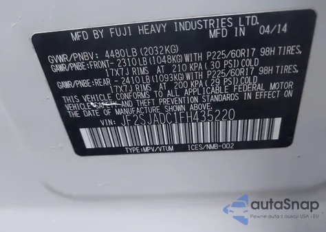 2015 Subaru Forester 2.5I Premium from USA, damaged, VIN JF2SJADC1FH435220